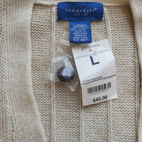 JC Penney Towncraft Cableknit Men's Large Cardigan Sweater Cream NOS Hong Kong - Picture 2 of 7